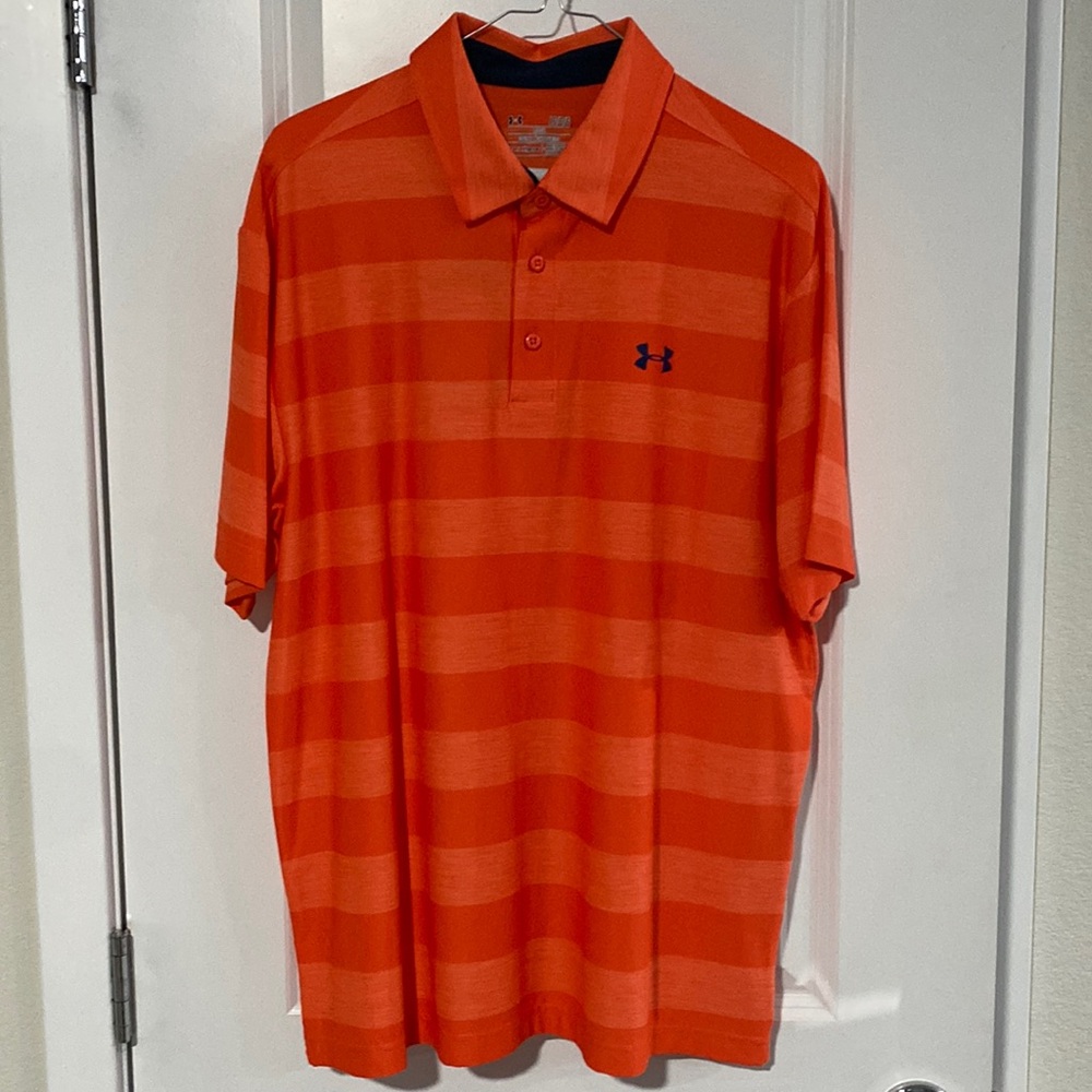 NWT - Mens Under Armour Heatgear Golf Polo - Orange Stripe - Loose Fit